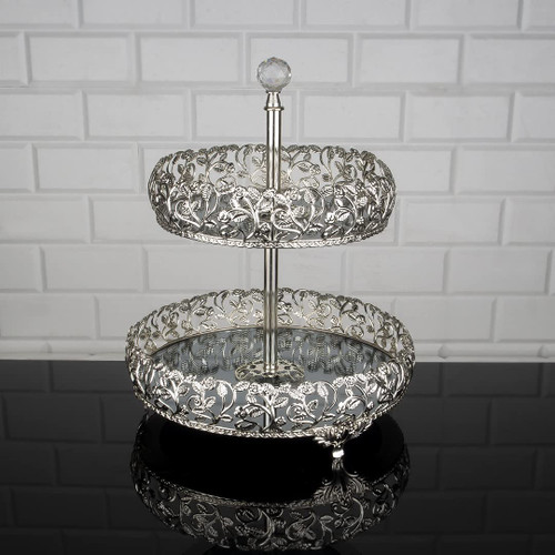 Handmade Two Tier Mirrored Tray for Dessert Table, Fancy Jewelry Perfume Vanity Stands for Gift, Metal Round Center Table Decorations for Home Party (Silver) Handmade Two Tier Mirrored Tray for Dessert Table, Fancy Jewelry Perfume Vanity Stands for Gift, Metal Round Center Table Decorations for Home Party (Silver)