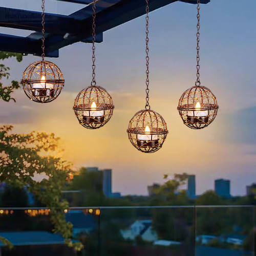 Outdoor Solar Hanging Lanterns Waterproof, Globe Hanging Candle Holder with Flickering Solar Powered Tea Lights, Chargeable Chandelier Light for Backyard Patio Garden Fence Tree Decoration-4Pack Outdoor Solar Hanging Lanterns Waterproof, Globe Hanging Candle Holder with Flickering Solar Powered Tea Lights, Chargeable Chandelier Light for Backyard Patio Garden Fence Tree Decoration-4Pack