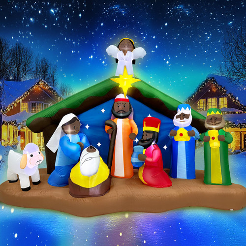 8 Ft Long 5.5 Ft Tall Christmas Inflatables African American Black Nativity Scene Set Outdoor Decorations with Angel, Built-in LED Light Blow Up Black Jesus Manger Set Xmas Inflatable Decor Yard Lawn 8 Ft Long 5.5 Ft Tall Christmas Inflatables African American Black Nativity Scene Set Outdoor Decorations with Angel, Built-in LED Light Blow Up Black Jesus Manger Set Xmas Inflatable Decor Yard Lawn
