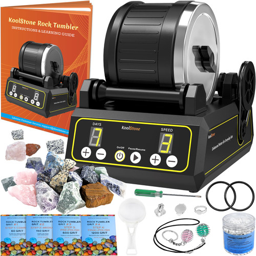 KoolStone C1 Rock Tumbler Kit - Professional Large 2.5LB Capacity, Up to 5X More Noise Cancelling, Adjustable Timer & Speed with Full Accessories & Memory Function, Ideal for Adults Kids
