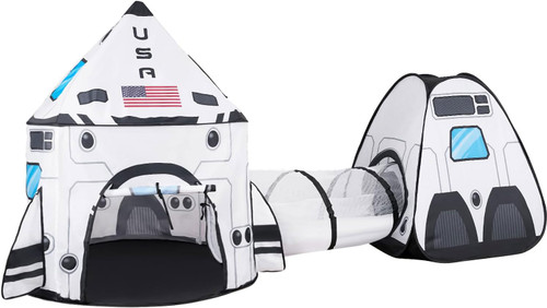 JOYIN White Rocket Ship Pop up Play Tent with Tunnel and Playhouse Kids Indoor Outdoor Spaceship Tent Set JOYIN White Rocket Ship Pop up Play Tent with Tunnel and Playhouse Kids Indoor Outdoor Spaceship Tent Set