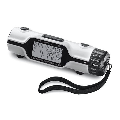 SAGEFINDS World Time Alarm Clock | Calendar, Thermometer, Alarm, Timer, Flashlight | 16 Pre-Set Time Zones | Lightweight & Portable for Travel | Bright LED Display