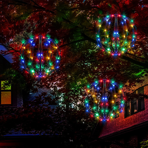 LED Light Balls Outdoor Set of 3, Hanging Tree Globe Lights with Fold Flat Metal Frame for Outside, Garden, Yard, Christmas Sphere Decoration (Multi-Color)