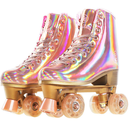 JajaHoho Roller Skates for Women, Holographic High Top PU Leather Rollerskates, Shiny Double-Row Four Pink Glitter Wheels Quad Skates for Girls and Age 8-50 Indoor Outdoor (Size 2, Rose Gold) JajaHoho Roller Skates for Women, Holographic High Top PU Leather Rollerskates, Shiny Double-Row Four Pink Glitter Wheels Quad Skates for Girls and Age 8-50 Indoor Outdoor (Size 2, Rose Gold)