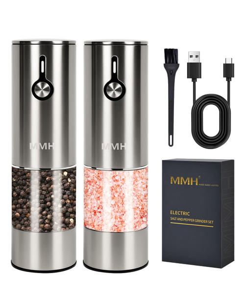 [Upgraded 66g Large Capacity] Electric Salt and Pepper Grinder Set of 2, Rechargeable with 6 Level Adjustable Coarseness, Stainless Steel Automatic Salt and Pepper Shakers Refillable with LED light
