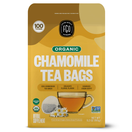 FGO Organic Chamomile Tea, 100 Eco-Conscious Tea Bags, Caffeine Free, Resealable Bag, Packaging May Vary (Pack of 1) FGO Organic Chamomile Tea, 100 Eco-Conscious Tea Bags, Caffeine Free, Resealable Bag, Packaging May Vary (Pack of 1)
