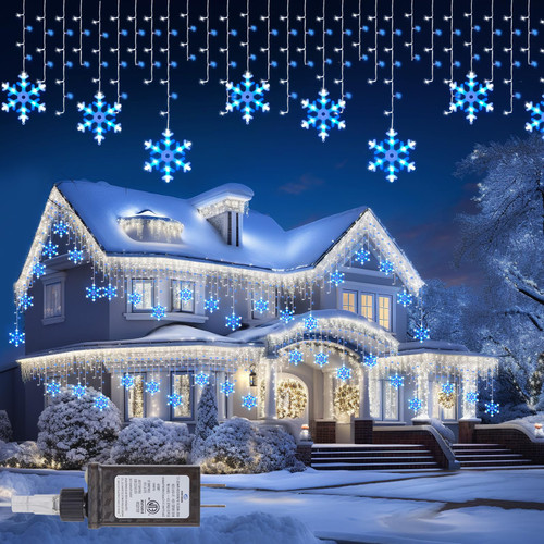 Minetom Icicle Lights Outdoor with Snowflake, 20FT 200 LED Christmas Snowflake Light with 24 Drops,8 Modes, Icicle String Lights with Timer, Waterproof Christmas Light Outdoor, Blue White
