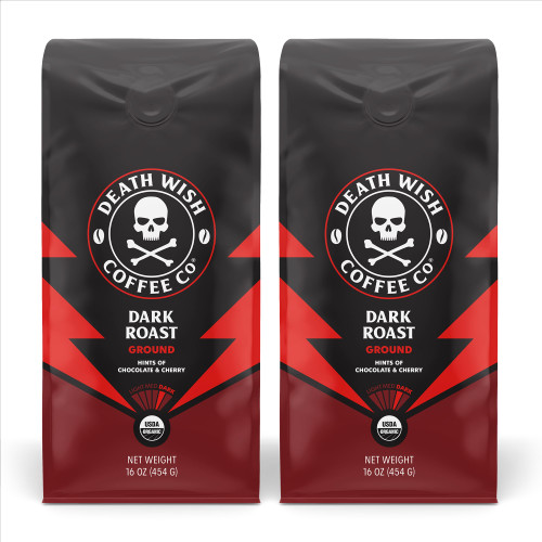 Death Wish Coffee Dark Roast Grounds -16 Oz, 2 Packs of Bold & Intense Blend of Arabica & Robusta Beans - USDA Organic Ground Coffee - Pack of 2