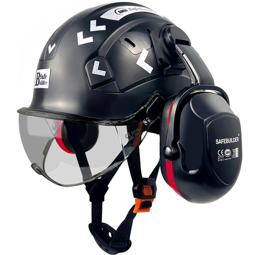 SAFEBUILDER Hard Hat with Visor Ear Muffs Safety Helmet Lightweight Adjustable Vented Work Helmet 6-Point Suspension ANSI Z89.1 Approved Construction Head Protection (Black+Tinted Visor+B&R 07E)