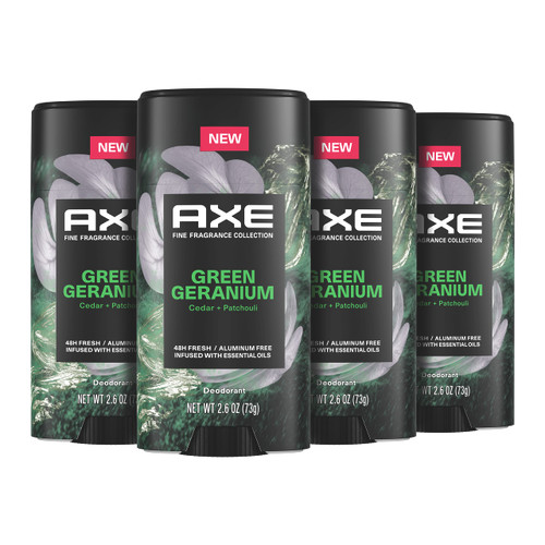 AXE Fine Fragrance Collection Aluminum No Deodorant Stick for Men Green Geranium 4 Count with 48H Odor Protection and All-Day Freshness Infused with Geranium, Cedar & Patchouli Essential Oils 2.6 oz AXE Fine Fragrance Collection Aluminum No Deodorant Stick for Men Green Geranium 4 Count with 48H Odor Protection and All-Day Freshness Infused with Geranium, Cedar & Patchouli Essential Oils 2.6 oz
