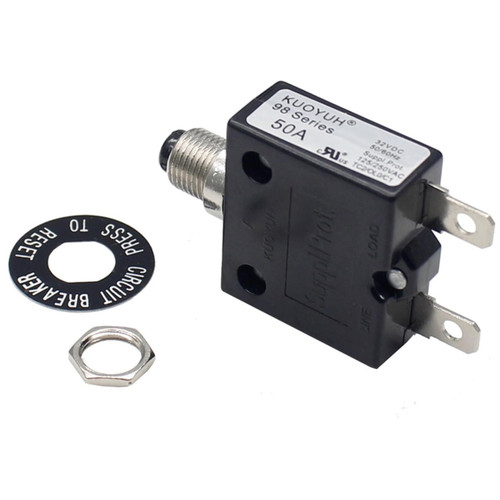 Thermal Circuit Breaker 50A 125/250VAC 32VDC 98 Series Push-Button-to-Reset Thermal Overload Circuit Breaker with Plug-in Quick Connect Terminals KUOYUH 98 Series