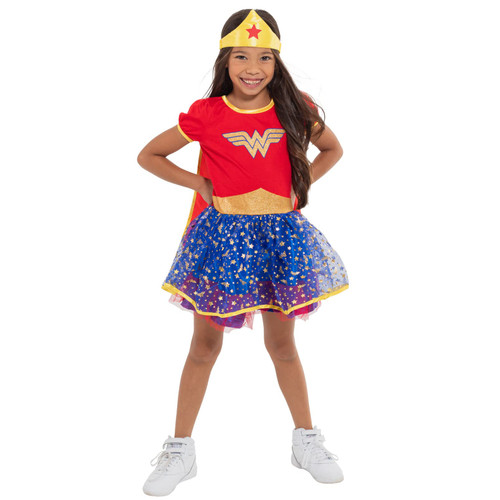 WARNER BROS Justice League Wonder Woman Little Girls Cosplay Tulle Costume Dress Cape and Headband 3 Piece Set 7-8