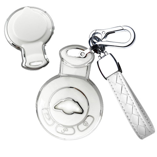 SANRILY Sliver-edge Smart Key Fob Cover Case for Mini Cooper Clubman Countryman Paceman Roadster R55 R56 R57 R58 R59 R60 R61 CAS3 Keyless Key Holder with Leather Keychain White