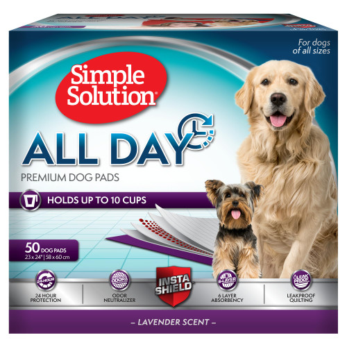 Simple Solution All Day Pee Pads for Dogs, Puppy Potty Training, Leak Proof Dog Pads, Pet Pee Pad, Disposable Puppy Pad, Lavender Scent, LARGE 23"x24", 50 Count Simple Solution All Day Pee Pads for Dogs, Puppy Potty Training, Leak Proof Dog Pads, Pet Pee Pad, Disposable Puppy Pad, Lavender Scent, LARGE 23"x24", 50 Count
