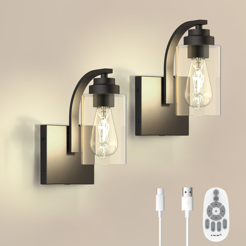 Battery Operated Wall Sconce Set of 2 with Remote Control, Rechargeable Wireless Led Glass Wall Lamp Indoor, Cordless Wall Light Fixtures Wall Mount for Bedroom Bathroom Hallway Farmhouse, Black
