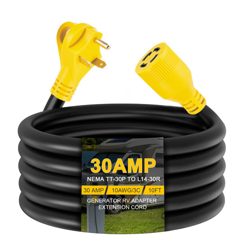Suplevel 10ft Generator Transfer Switch Adapter Cord NEMA TT-30P to L14-30R, 3 Prong 30 Amp RV Generator TT-30 Male Plug to 4 Prong 30 Amp Inlet Box L14-30 Female Connector, STW 10AWG/3C, ETL Listed Suplevel 10ft Generator Transfer Switch Adapter Cord NEMA TT-30P to L14-30R, 3 Prong 30 Amp RV Generator TT-30 Male Plug to 4 Prong 30 Amp Inlet Box L14-30 Female Connector, STW 10AWG/3C, ETL Listed