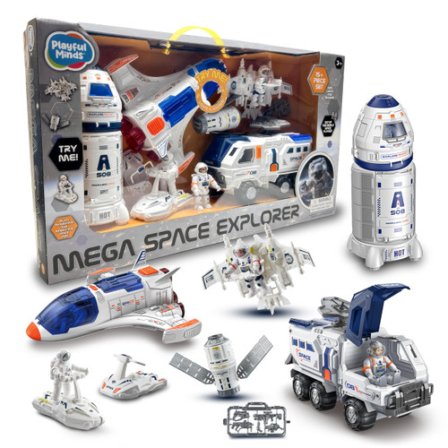 Playful Minds – Rocket Space Toy, Kids Spaceship Playset Includes Space Shuttle, Astronauts, Take Apart Outer Space Adventure Set for Boys and Girls, Lights and Sounds, 15-Piece Set STEM Toy