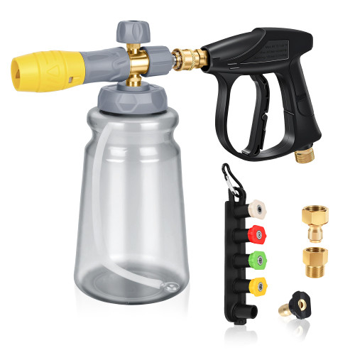 Foam Cannon Kit for Pressure Washer Gun - 1L Foam Cannon with 1/4" Quick Connector,Pressure Short Power Washer Gun(4000 PSI) with M22-14,M22-15mm Male Inlet and 3/8" swivel quick connector Foam Cannon Kit for Pressure Washer Gun - 1L Foam Cannon with 1/4" Quick Connector,Pressure Short Power Washer Gun(4000 PSI) with M22-14,M22-15mm Male Inlet and 3/8" swivel quick connector