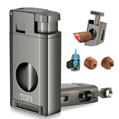 TISFA Torch Lighter with Cigar V Cutter, Hole Punch, Double Jet Flame Refillable Butane Lighter, Multifunctional Cigar Accessories, Windproof Cool Lighters for Smoking with Gift Box TISFA Torch Lighter with Cigar V Cutter, Hole Punch, Double Jet Flame Refillable Butane Lighter, Multifunctional Cigar Accessories, Windproof Cool Lighters for Smoking with Gift Box
