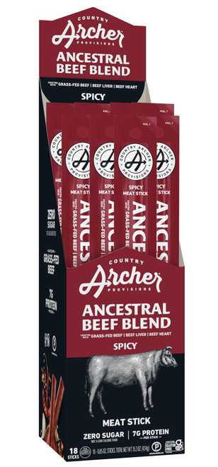 Country Archer Ancestral Beef Jerky Sticks Spicy - Hot Grass Fed Beef Sticks Individually Wrapped, Sugar Free Meat Snack Bulk, Gluten Free, Paleo, Keto, 7g Protein Per Stick - 1 oz (Pack of 18) Country Archer Ancestral Beef Jerky Sticks Spicy - Hot Grass Fed Beef Sticks Individually Wrapped, Sugar Free Meat Snack Bulk, Gluten Free, Paleo, Keto, 7g Protein Per Stick - 1 oz (Pack of 18)