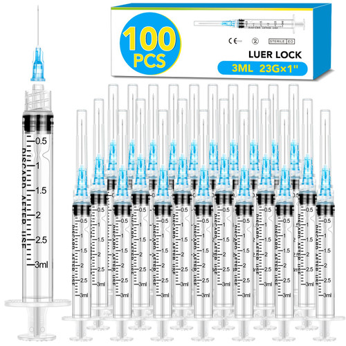 100 Pack 3ml Syringes with Needle-23Ga 1 Inch Needle with Luer Lock, Individually Sealed Packaging 100 Pack 3ml Syringes with Needle-23Ga 1 Inch Needle with Luer Lock, Individually Sealed Packaging
