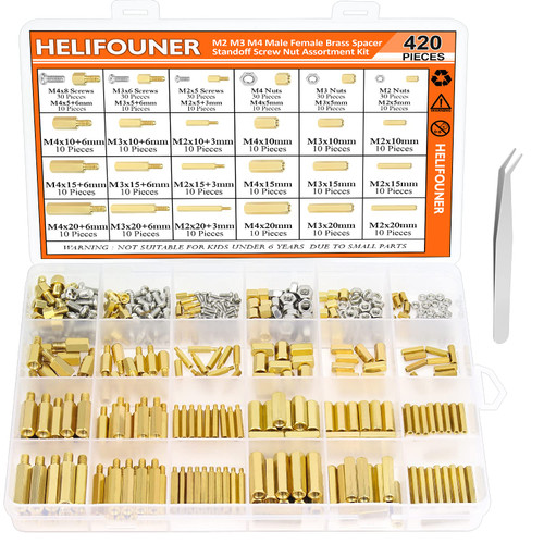 HELIFOUNER 420 Pieces M2 M3 M4 Male Female Hex Brass Spacers Standoffs Screws Nuts Assortment Kit with a Tweezers