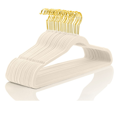 MIZGI Premium Velvet Hangers Pack 50 Pcs Heavyduty - Non Slip Slimline - Velvet Suit Hangers Ivory - Gold Hooks,Space Saving for Clothes
