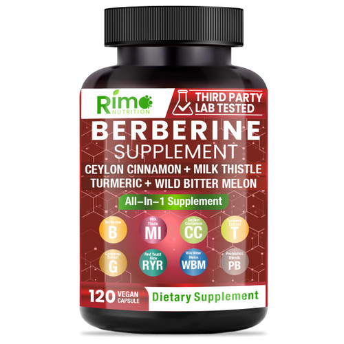Rimo Nutrition - Berberine with Ceylon Cinnamon - Berberine Supplement - Bitter Melon - Red Yeast Rice, 120 Capsules Non-GMO and Gluten Free