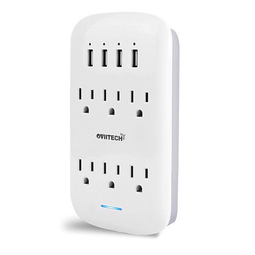 oviitech 6 Outlet Extender with 4 USB Charging Ports(4.2A Total),Wall Mount Outlet Plugs 900 Joules Wall Surge Protector and Top Phone Holder,ETL Listed,White.