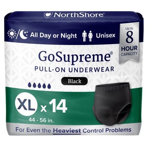 NorthShore GoSupreme Overnight Incontinence Underwear, 8-Hour Pullup Style, X-Large, 14 Count Bag, Black, 44-56 inches, Unisex Adult Diapers