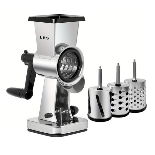 LHS Rotary Cheese Grater Stainless Steel Manual Cheese Shredder Grater Walnuts Grinder with 3 Interchangeable Drum Blades for Chocolate, Cheese and Nuts
