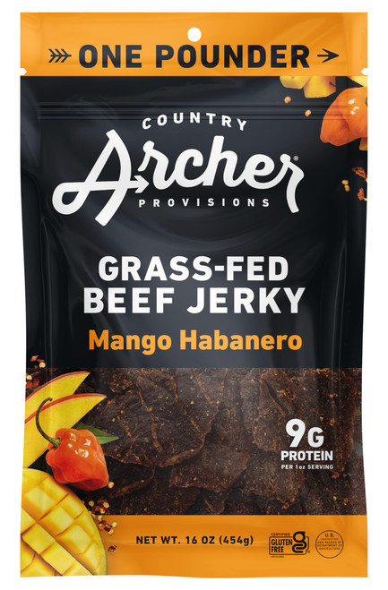 Country Archer Grass-Fed Beef Jerky - Beef Jerky Snack Pack, Beef Jerky Bulk, Individual Beef Jerky Pack, Protein Snack, Country Archer Beef Jerky, Gluten Free, Paleo - Mango Habanero, 16 oz