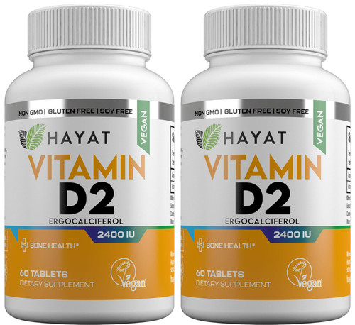 HAYAT Vitamins Vegan Natural Vitamin D 2400 IU, D2, Certified Halal (Pack of 2)