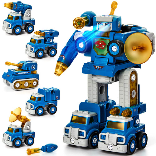 hahaland Toys for 5 Year Old Boy Birthday Gift - STEM Boys Toys for 6 Year Old Boys Ages 5-7, 5 in 1 Building Take Apart Trucks Transform to Robot, Kids Stocking Stuffers Christmas Grandkids Gifts