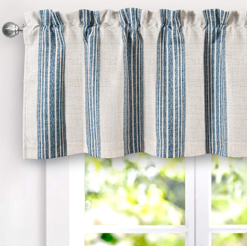 DriftAway Chris Linen Lined Valance Double Layer Thermal Insulated Room Darkening Blackout Window Valances 3 Inch Rod Pocket Vertical Striped Kitchen Valance for Bathroom 52 Inch by 18 Inch Jean Navy