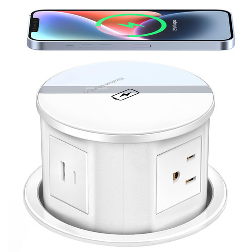 XBA Pop Up Outlet with 15W Wireless Charger, 4 AC Plug 1 USB-A and 1 USB-C, Electrical Desk Power Grommet for Kitchen Countertop, 4.7inch Hidden Recessed Power Strip for Home Office (White)