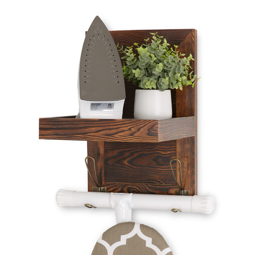 Wall Mount Ironing Board Holder - Space Saver with Hardware & Pilot Holes - Wooden Iron Board Hanger