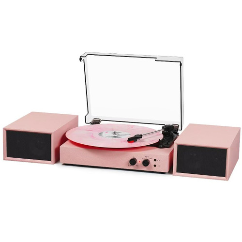 Vinyl Record Player with Bluetooth and External Stereo Speakers, | Vinyl to MP3 Converter | 3-Speed Turntable with USB Recording, AUX Input, RCA Output, Headphone Jack, Auto Stop, Pink