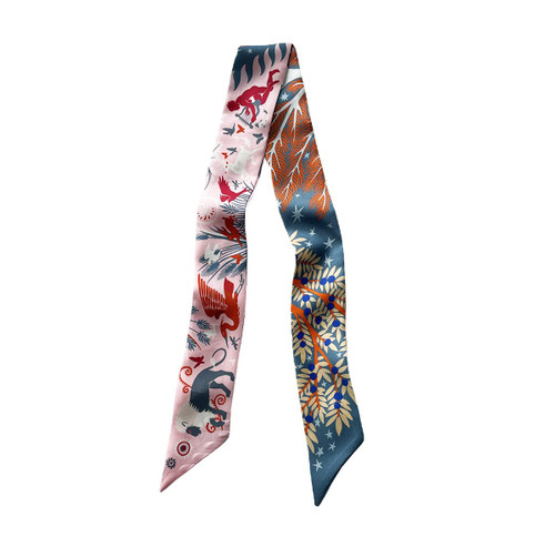 JERLA 100% Mulberry silk Scarf Head Hair Ribbon Bag scarf Handbag Handle wrap Tie Bundle Neckerchief Scarf for women (Jungle blue and pink)