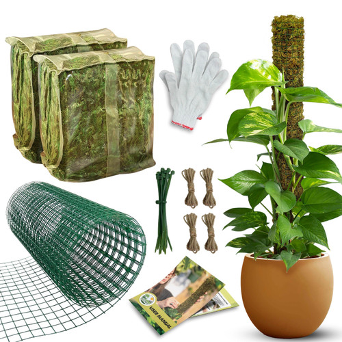 DUSPRO DIY Moss Pole Kit, Metal Moss Pole for Plant Monstera, Pothos, Philodendron, 1pc 8.6’’ x 6.5 ft Wire Moss Pole Mesh with Forest Moss, Cable Zip Ties, Gloves