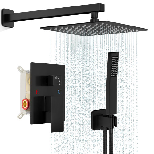 FPXRNG Black Shower Faucet Set, Rainfall Shower System with Square Shower Head and Handle Set, Wall Mounted Shower Fixtures, Full Metal Trim Repair Kit 8 inch Matte Black (With Shower Valve)