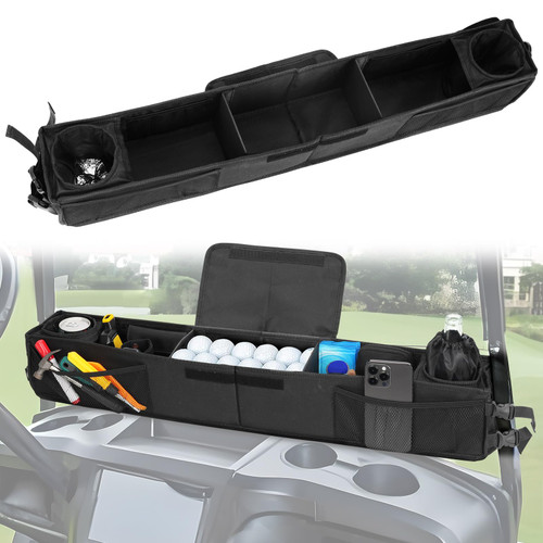 Adjustable Golf Cart Front Storage Basket with Insulated Cup Holders, No Drilling Golf Cart Organizer Bag Golf Cart Inner Storage Tray Universal Compatible with EZGO Club Car Drive Kandi Yamaha
