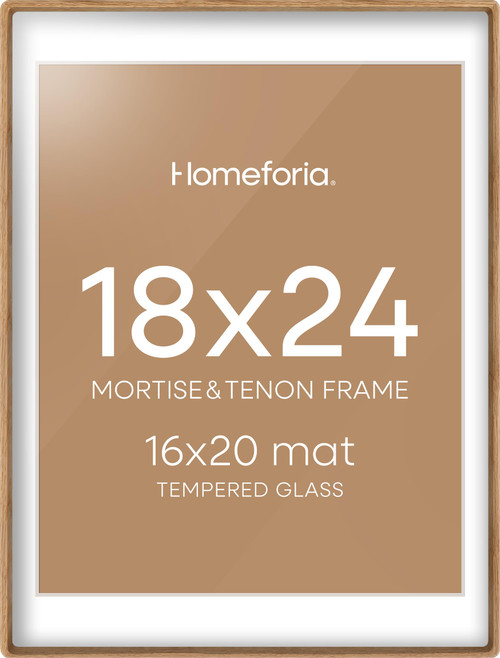 Homeforia 18x24 Natural Wood Frame, Mortise & Tenon Light Oak 18 x 24 Picture Frames with Mat 16 by 20 for Wall, 24x18 Solid Wooden Frame Matted to 16x20 inch Photo, Tempered Glass, Wall Kit, Set of 1