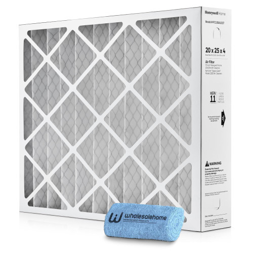 Honeywell 20x25x4 Air Filter Replacement MERV 11, FC100A1037 Pleated HVAC AC Furnace Filters with Wholesalehome Cleaning Cloth, (Actual Size: 19.94 x 24.88 x 4.38 Inches)