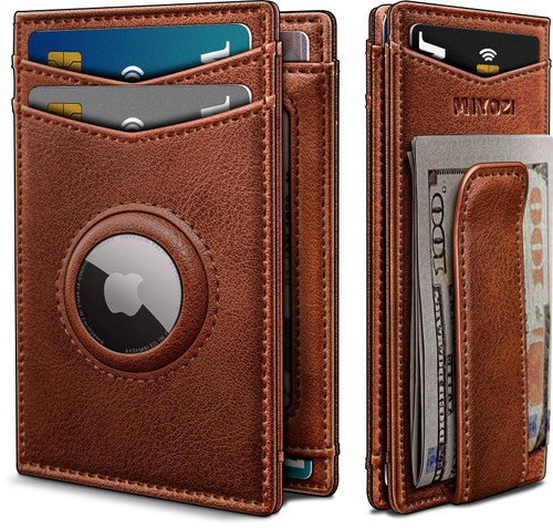 MIYOZI Airtag Wallet for Men- with Money Clip Gift Boxed, Magnetic Closure Slim Genuine Leather Front Pocket Wallet, 3.9"x 2.7", RFID Blocking