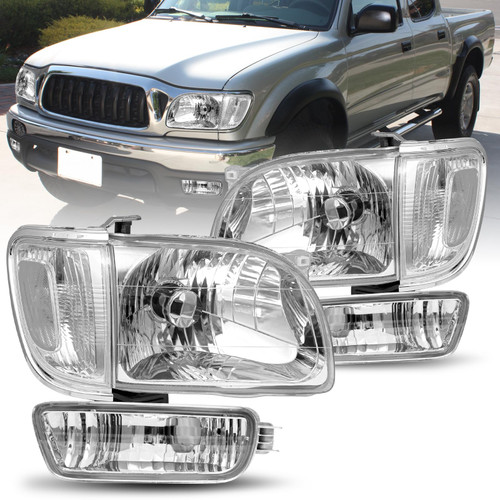 JSBOYAT Headlight Assembly Replacement for 2001-2004 Toyota Tacoma Corner Signal Light + Bumper Light, Passenger and Driver Side (Chrome Housing with Clear Reflector)