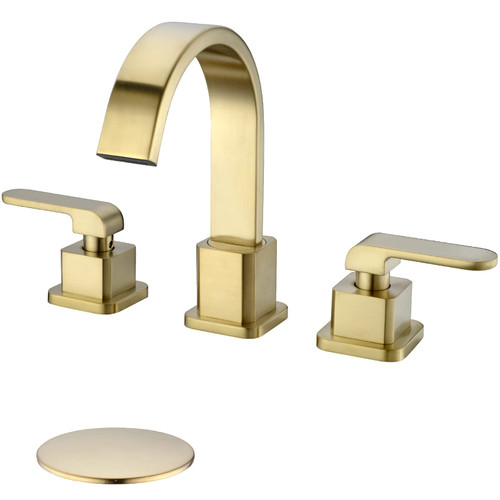 TRUSTMI 8 Inch Widespread Bathroom Faucet Brushed Gold, 3 Hole Brass Square Bathroom Vanity Sink Faucet with Waterfall 360 Degree Swivel Spout, with Overflow Drain and cUPC Water Lines