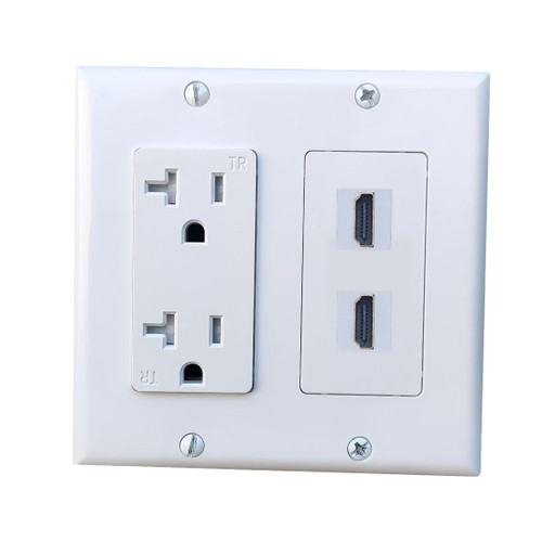 BUPLDET 2 Gang Power Outlet with 2 HDTV Port Wall Plate - 20Amp Electrical Wall Outlet and 4K/8K HDMI Cable Keystone Jack Cover Plate for TV Mount - White