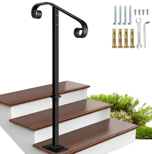 Zwinz Handrail Railing, Single Post Handrail, Sturdy Outdoor Handrails with Base, Wrought Iron Stair Handrail Fits 1 or 2 Steps, Grab Rail for Steps Porch, Black