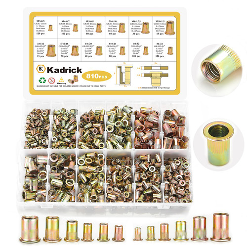 Kadrick Rivet Nut Kit, 810pcs SAE & Metric Rivet Nut Assortment Kit Galvanized Carbon Steel Flat Head Threaded Insert Nuts, Sizes 6-32 8-32 10-24 1/4"-20 5/16"-18 3/8"-16 M3 M4 M5 M6 M8 M10